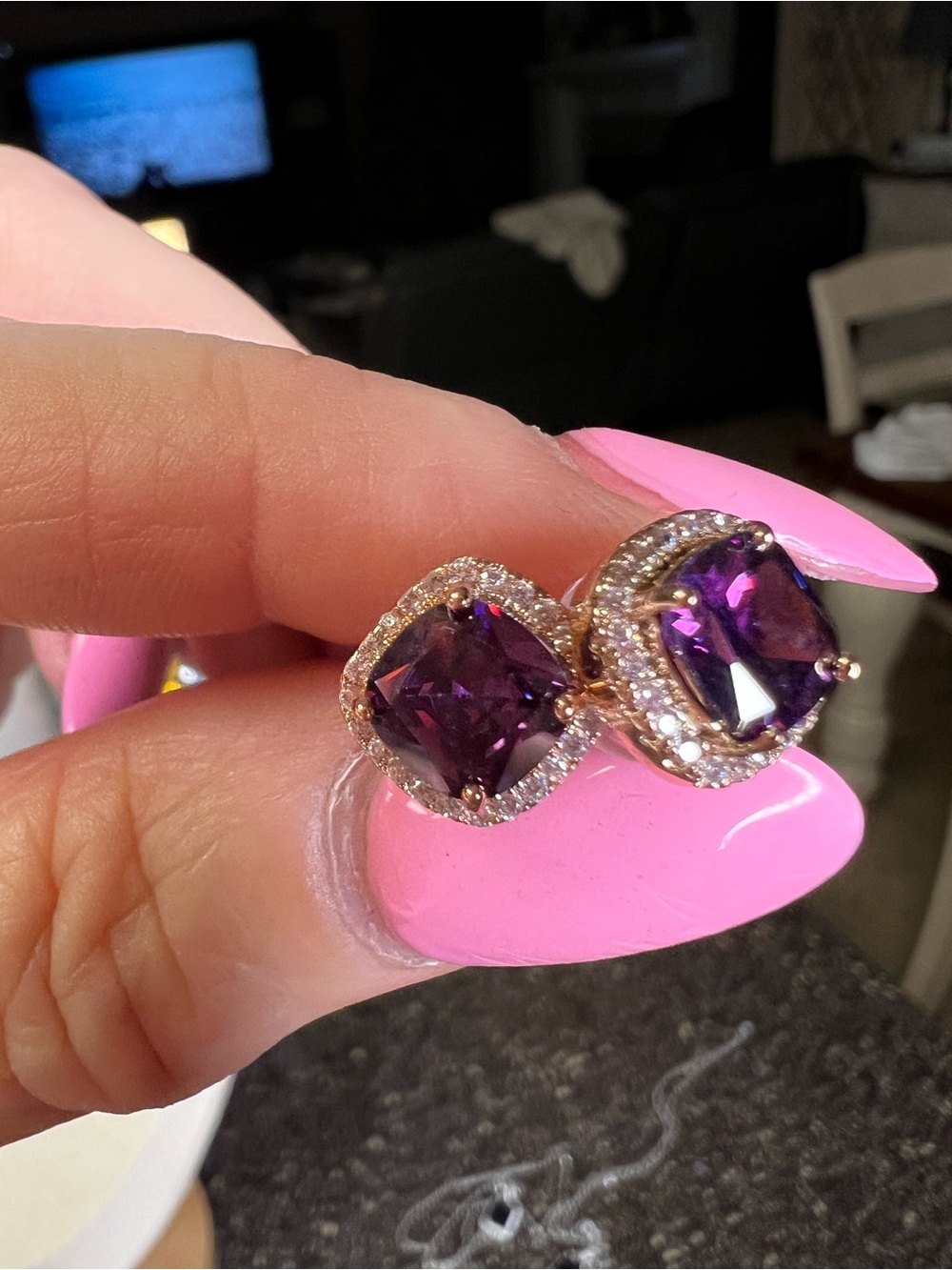 African Amethyst Square Cut Halo Earrings โ 4 Carat ๐ - Picture 3 of 10